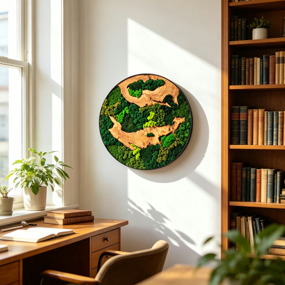 Room styling concept with round moss and wood art above a desk beside a bookcase.