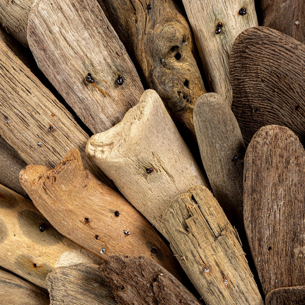 Design reference: Close-up of varied wood tones and texture in the driftwood arrangement.