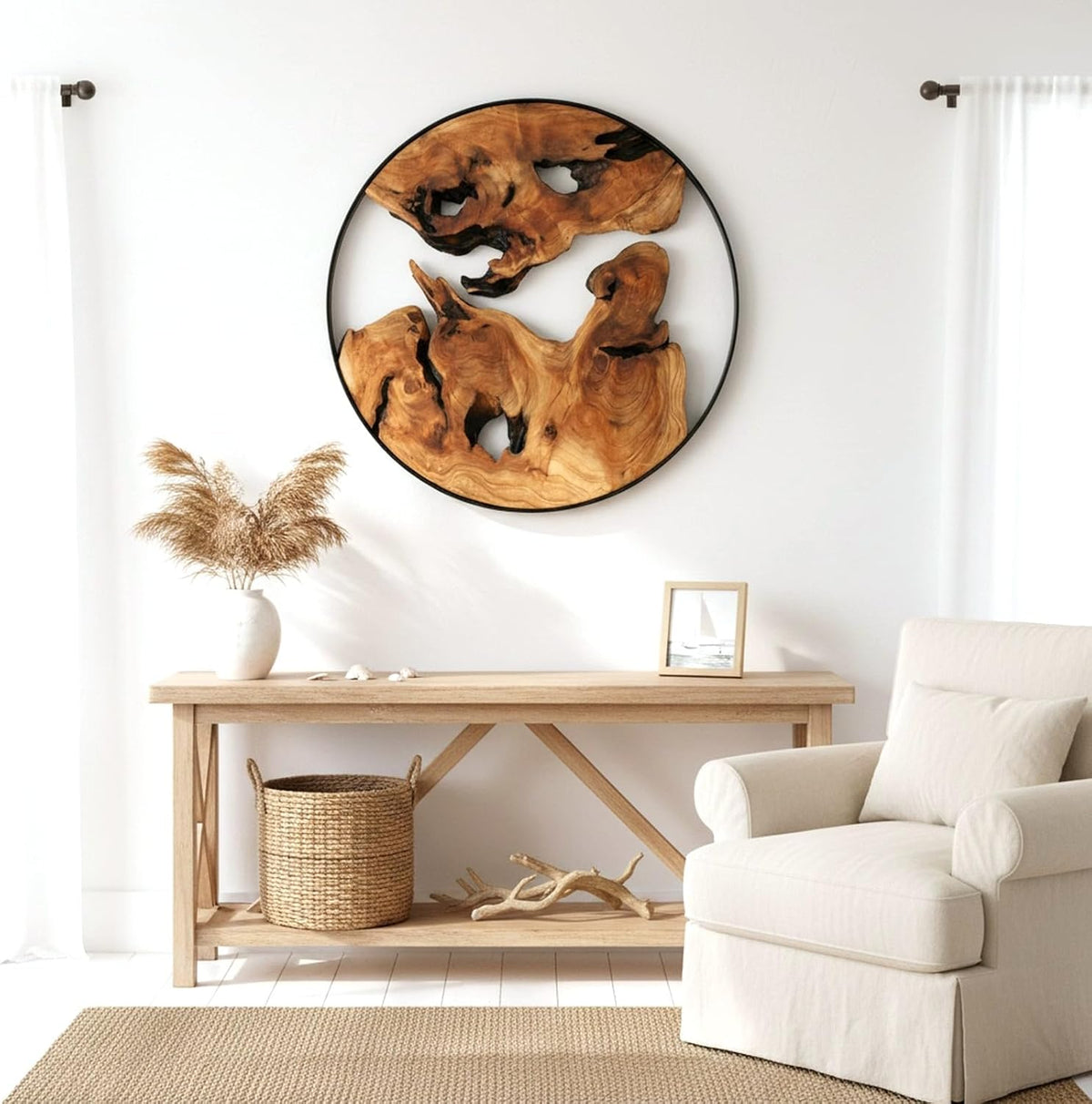 Design reference: Round cedar-root wall decoration styled above a console.