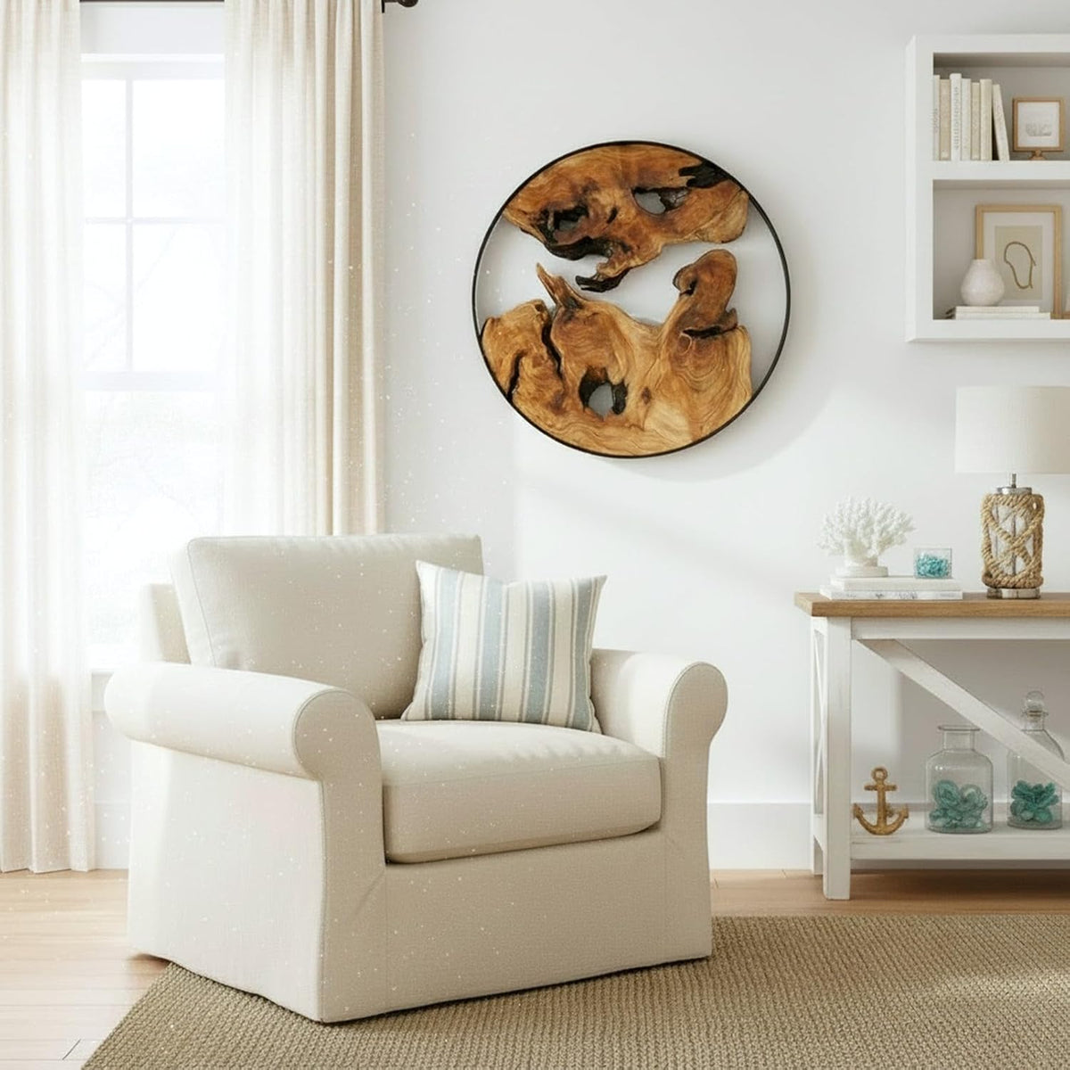 Design reference: Round wood wall decoration with a dark outline beside an armchair.
