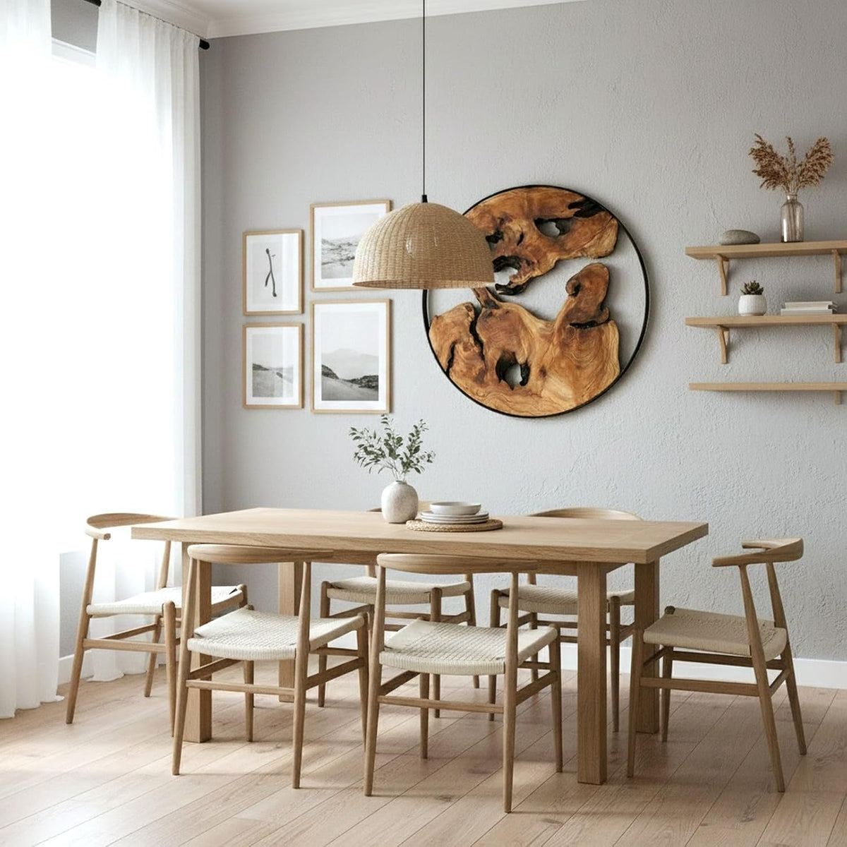 Design reference: Round cedar-root wall decor in a dining-room setting.