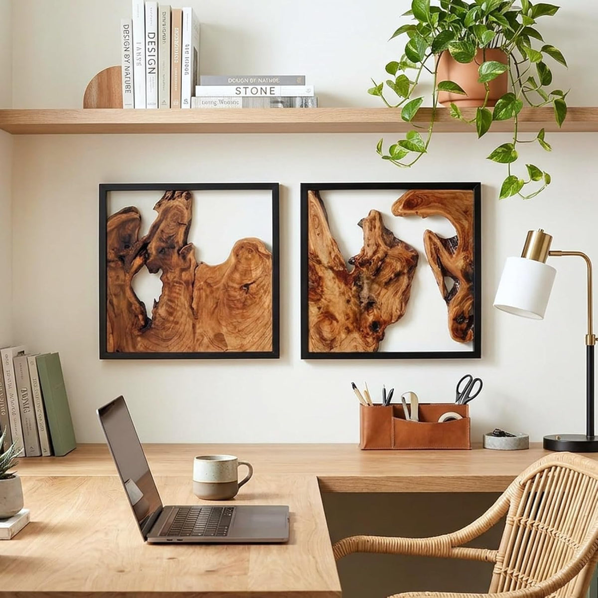 Design reference: Two framed wood sculptures arranged above a desk.