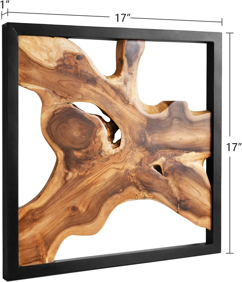 Design reference: dimension illustration showing a 17 by 17 by 1-inch framed teak sculpture.