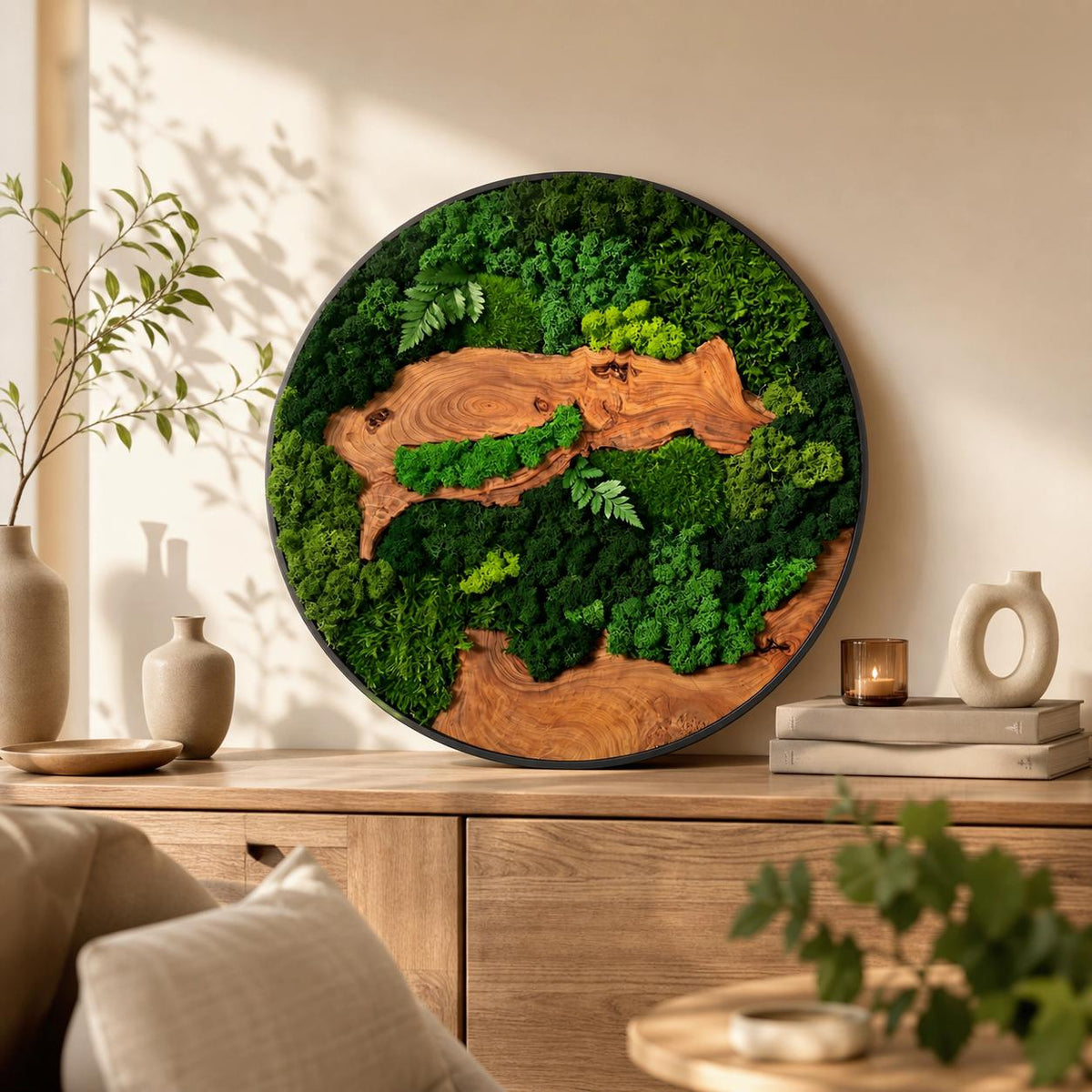 A circular wall art piece featuring a black frame filled with preserved green moss and natural wood slices. The composition displays various textures of moss in shades of forest and lime green, interspersed with smooth, light brown wood grain.