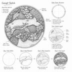 A black and white concept sketch for round moss wall art. The illustration details a circular frame containing natural wood, textured moss, and fern accents. It includes diagrams for outer frame structure, inner content layout, and a four-step design process.