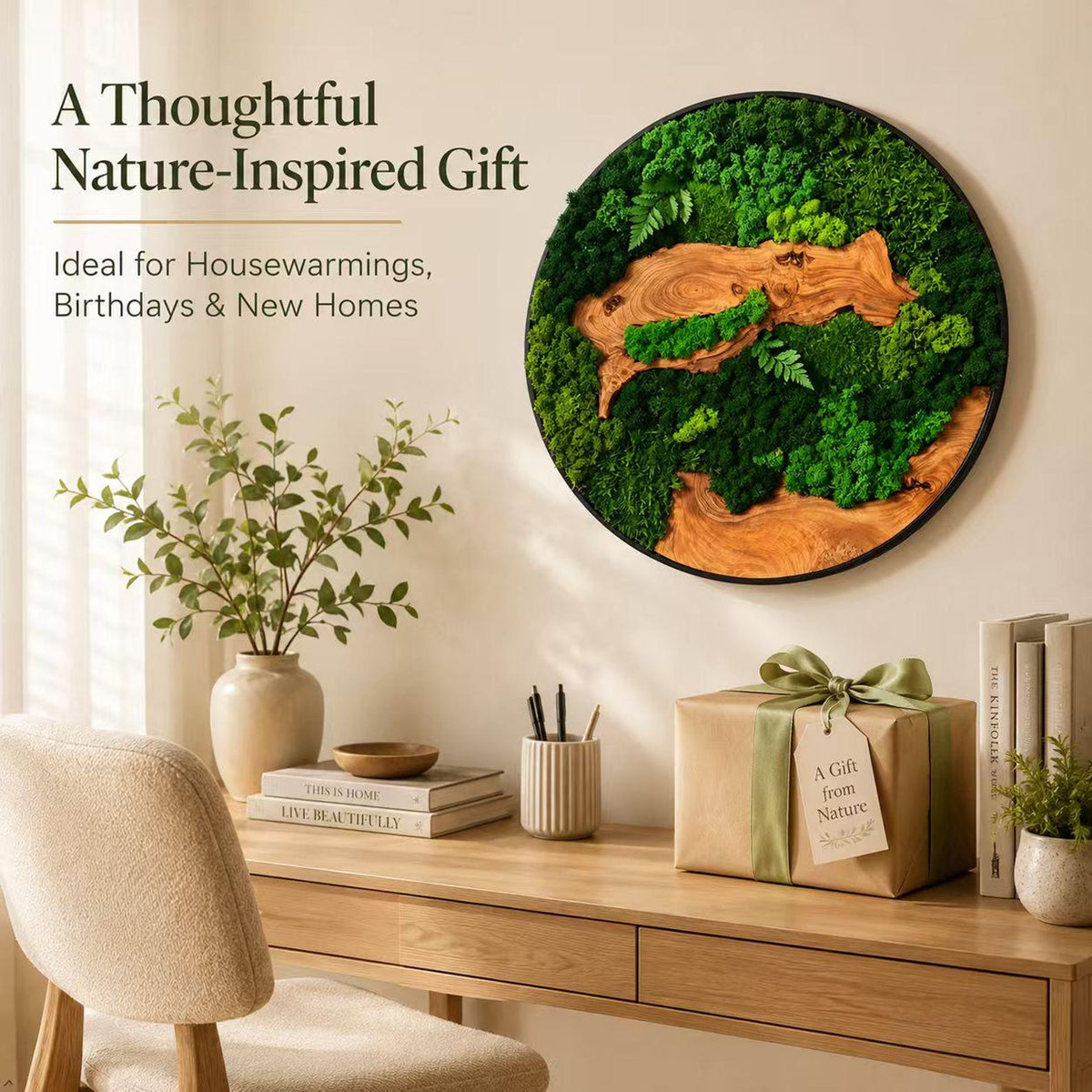 A circular wall art piece featuring preserved green moss and natural wood grain textures within a black frame. The text on the wall reads A Thoughtful Nature-Inspired Gift, Ideal for Housewarmings, Birthdays & New Homes.