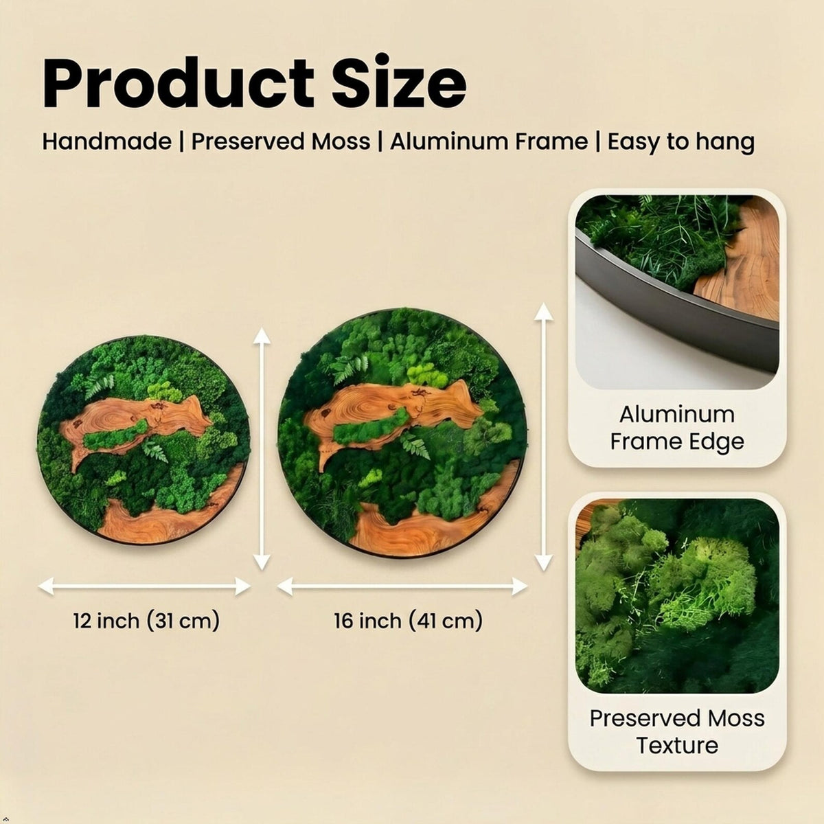 Two circular wall art pieces featuring preserved green moss and natural wood grain accents within an aluminum frame. The image displays two sizes, 12 inches and 16 inches, with close-up details of the frame edge and moss texture.