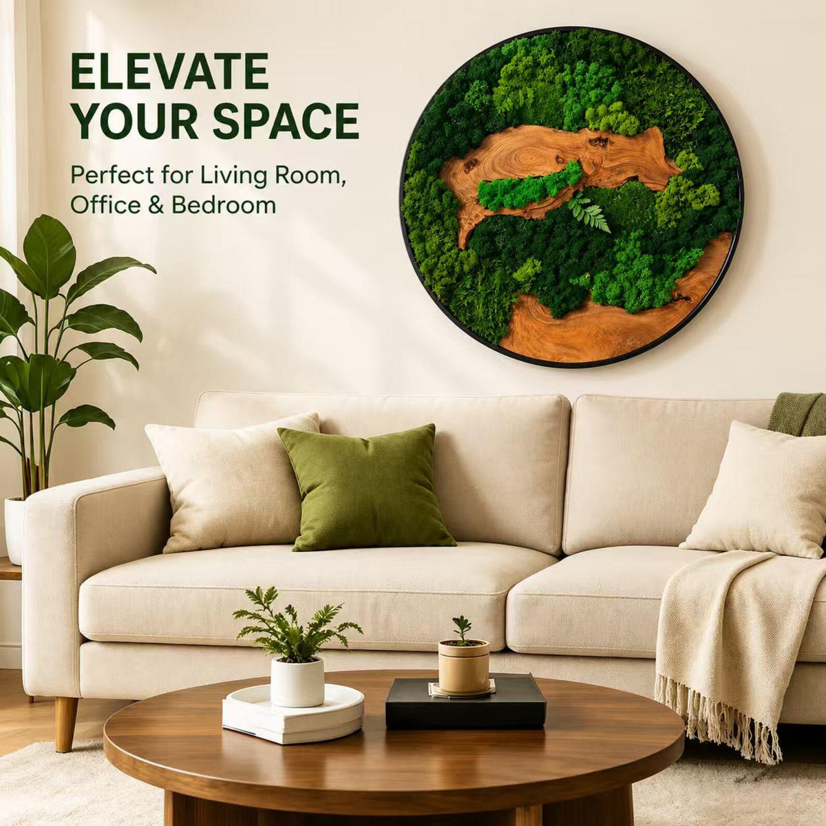 A circular wall art piece featuring preserved green moss and natural wood grain textures within a black frame. The text "ELEVATE YOUR SPACE" and "Perfect for Living Room, Office & Bedroom" is printed in dark green on the wall.