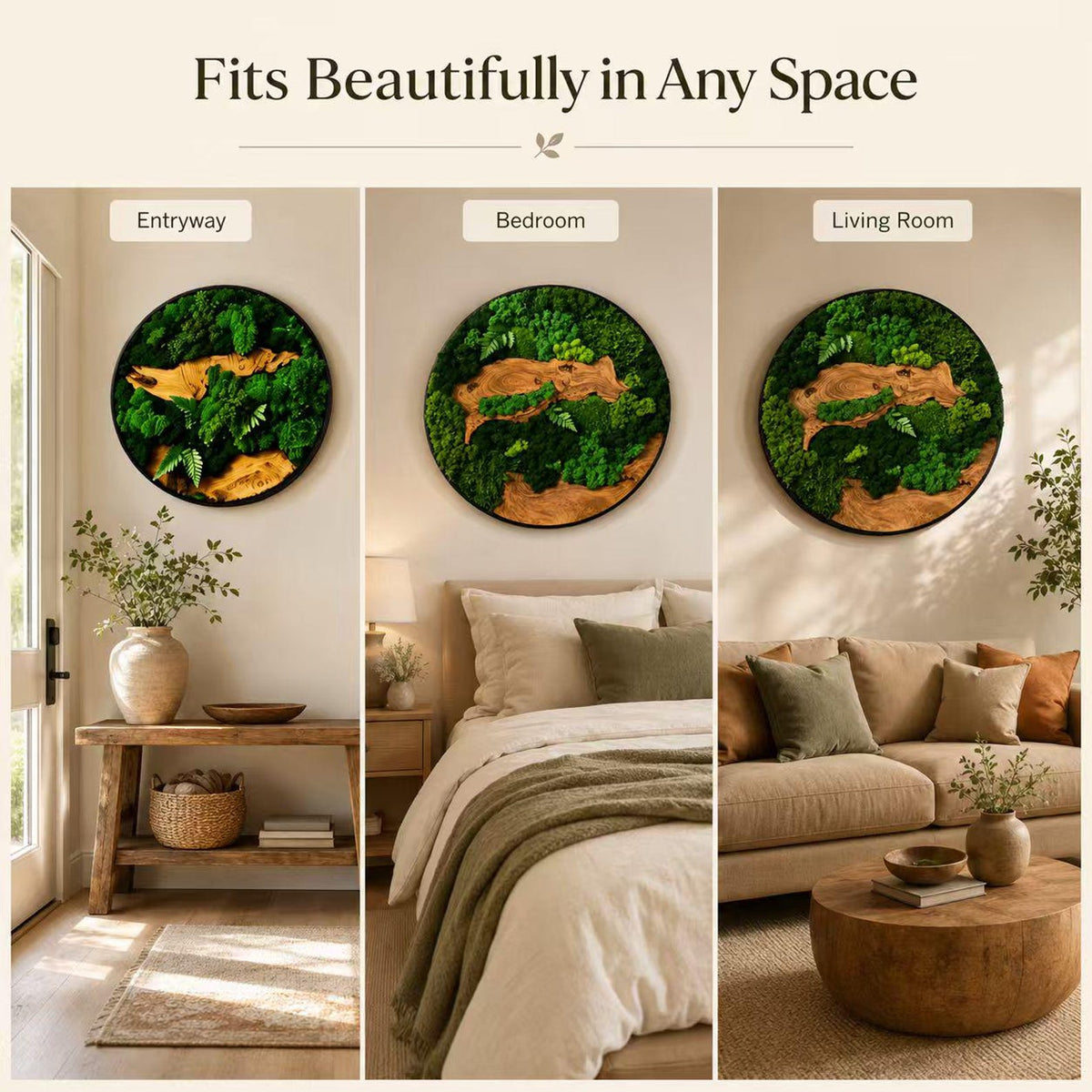 A circular wall art piece featuring preserved green moss and natural wood accents, displayed in three different room settings labeled Entryway, Bedroom, and Living Room, with the text Fits Beautifully in Any Space above.