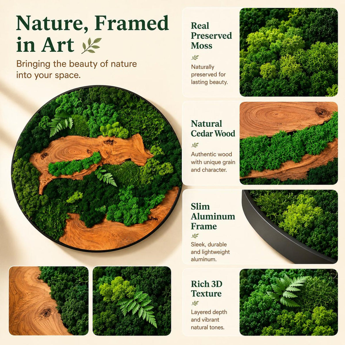 A circular wall art piece featuring preserved green moss and natural cedar wood grain, encased in a slim black aluminum frame. The text reads Nature, Framed in Art, Real Preserved Moss, Natural Cedar Wood, Slim Aluminum Frame, Rich 3D Texture.