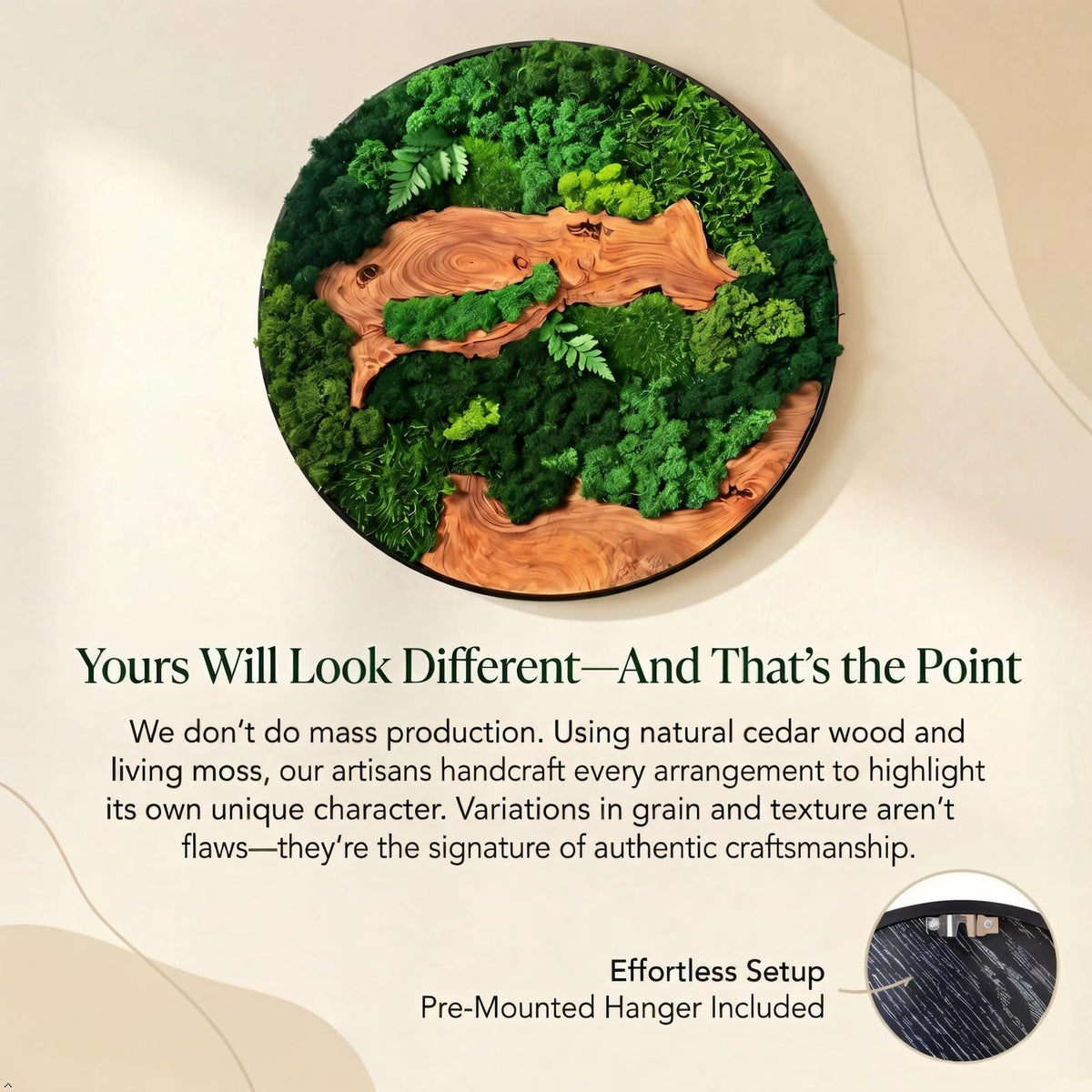 A circular wall art piece featuring natural cedar wood segments interspersed with various shades of green preserved moss. The arrangement is contained within a thin black frame. A small inset shows a metal hanger on the back.