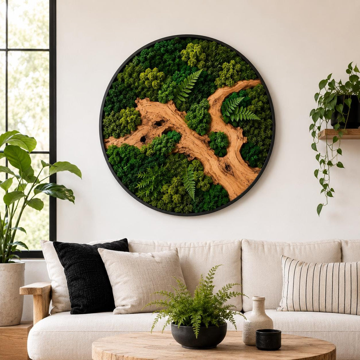 A circular wall art piece featuring a black frame filled with preserved green moss, various small ferns, and a central piece of light brown driftwood. The arrangement creates a textured, forest-like landscape within the round frame.