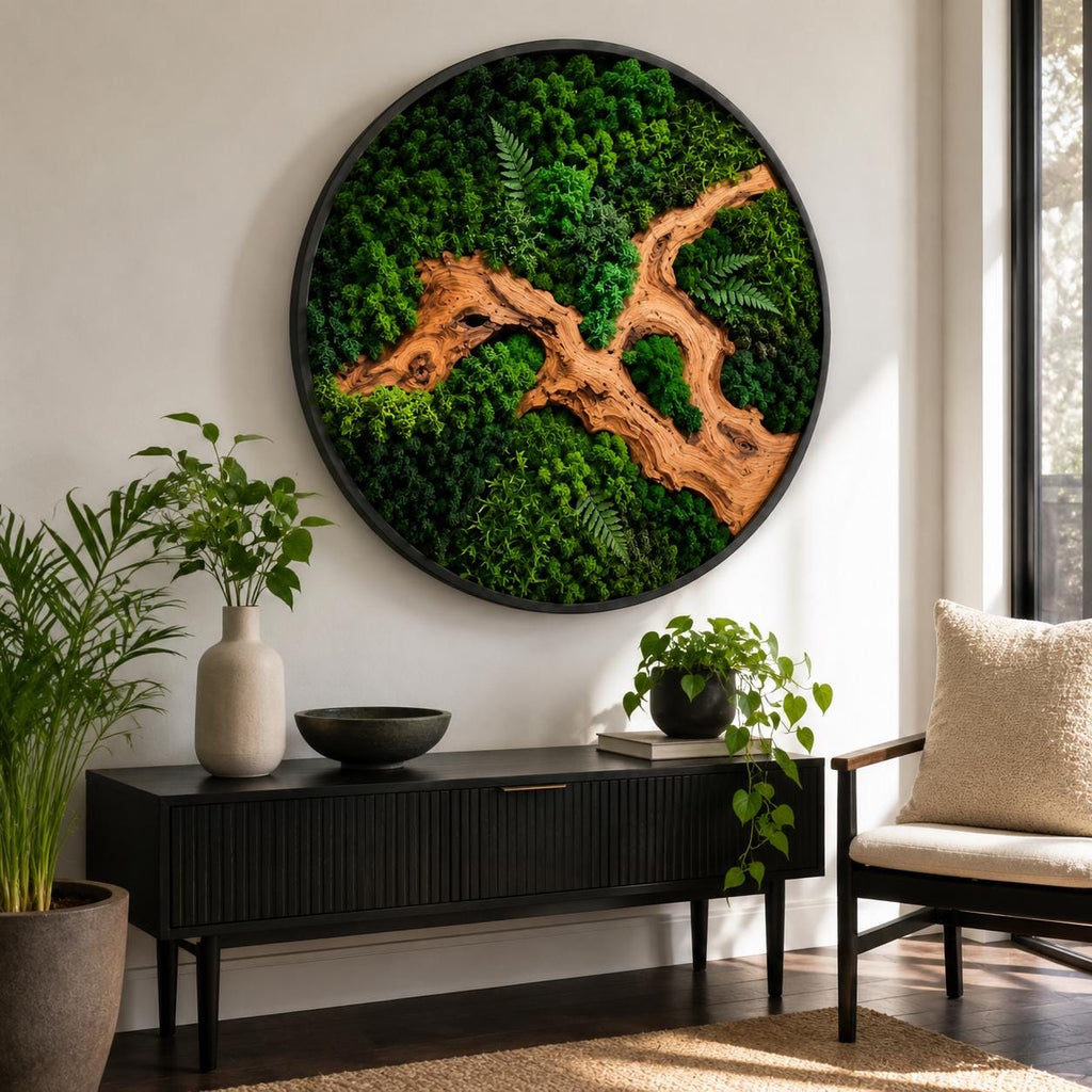 A circular wall art piece featuring a black frame filled with preserved green moss and a central piece of light brown driftwood. The moss displays various shades of green, including deep forest and bright lime, with small fern fronds.