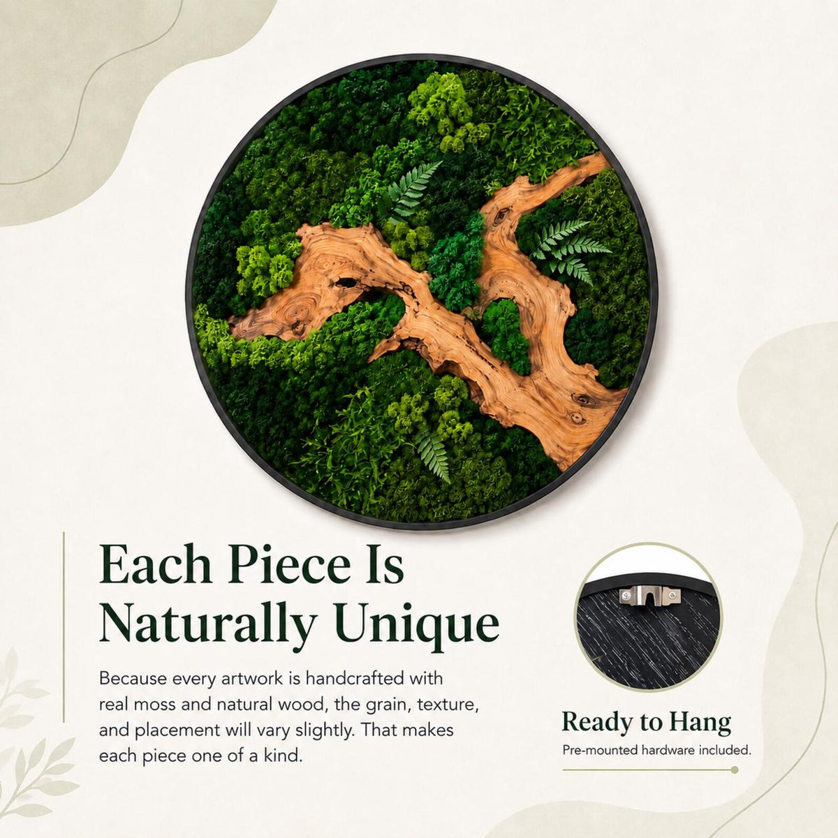 A circular wall art piece featuring preserved green moss and a central piece of light brown natural wood. The artwork is encased in a thin black frame. Text on the image reads: Each Piece Is Naturally Unique, Ready to Hang.