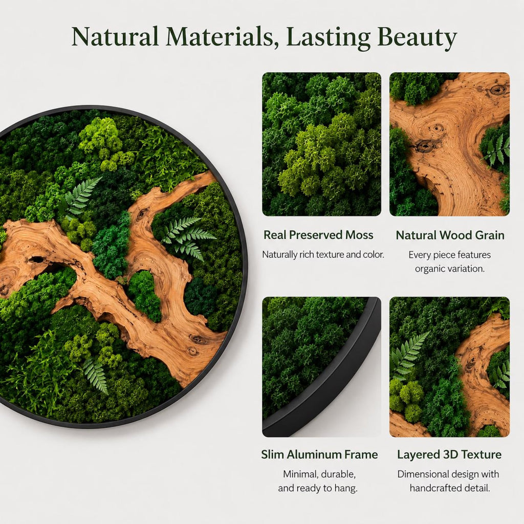 A circular wall art piece featuring preserved green moss and natural wood grain elements within a slim black aluminum frame. The text reads: Natural Materials, Lasting Beauty, Real Preserved Moss, Natural Wood Grain, Slim Aluminum Frame, and Layered 3D Texture.