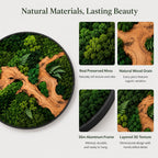 A circular wall art piece featuring preserved green moss and natural wood grain elements within a slim black aluminum frame. The text reads: Natural Materials, Lasting Beauty, Real Preserved Moss, Natural Wood Grain, Slim Aluminum Frame, and Layered 3D Texture.