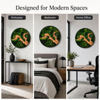 A circular wall art piece featuring preserved green moss and a light brown wooden branch element, displayed in three different room settings labeled Entryway, Bedroom, and Home Office with the text Designed for Modern Spaces.