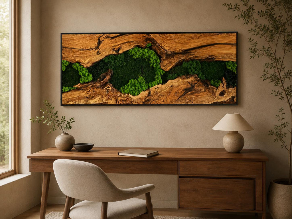 A rectangular wall art piece featuring a horizontal slice of natural light brown wood with a prominent, textured grain. A deep crevice runs through the center, filled with vibrant, dense clusters of preserved bright green moss.