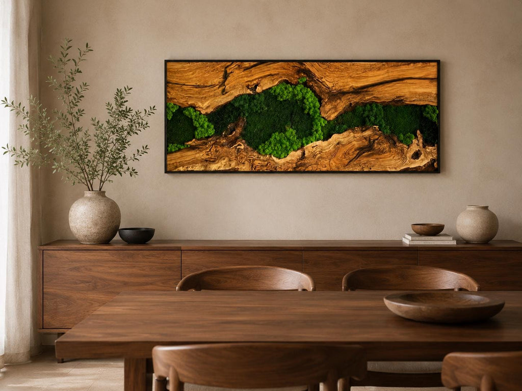 A rectangular wall art piece featuring a central horizontal strip of vibrant green preserved moss nestled within a textured, natural light brown wood frame with a dark border, showcasing intricate wood grain and organic fissures.