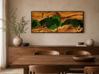 A rectangular wall art piece featuring a central horizontal strip of vibrant green preserved moss nestled within a textured, natural light brown wood frame with a dark border, showcasing intricate wood grain and organic fissures.