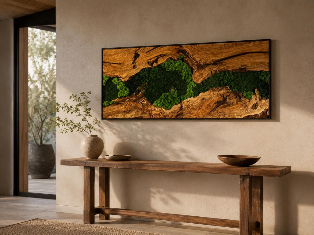 A rectangular wall art piece featuring a central channel of vibrant green preserved moss nestled between two pieces of textured, natural brown wood grain, all enclosed within a thin, dark, minimalist rectangular frame.