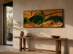 A rectangular wall art piece featuring a central channel of vibrant green preserved moss nestled between two pieces of textured, natural brown wood grain, all enclosed within a thin, dark, minimalist rectangular frame.