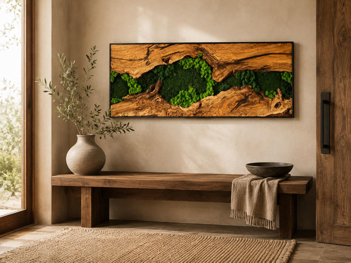 A rectangular wall art piece featuring a natural wood frame with a central horizontal crevice filled with vibrant green preserved moss. The wood displays a textured, weathered grain pattern in shades of light and dark brown.