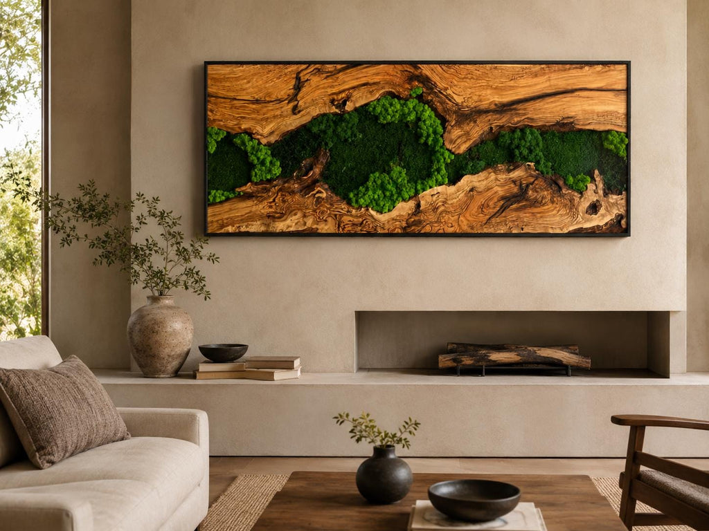 A rectangular wall art piece featuring a natural wood slab with a prominent grain pattern and a central crevice filled with vibrant green preserved moss, all enclosed within a thin black frame mounted horizontally on a wall.
