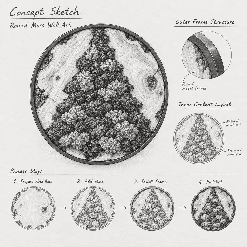 A black and white concept sketch of round moss wall art. The illustration details the outer metal frame, a natural wood slab base, and a preserved moss tree. Four process steps are shown: prepare wood base, add moss, install frame, and finished product.