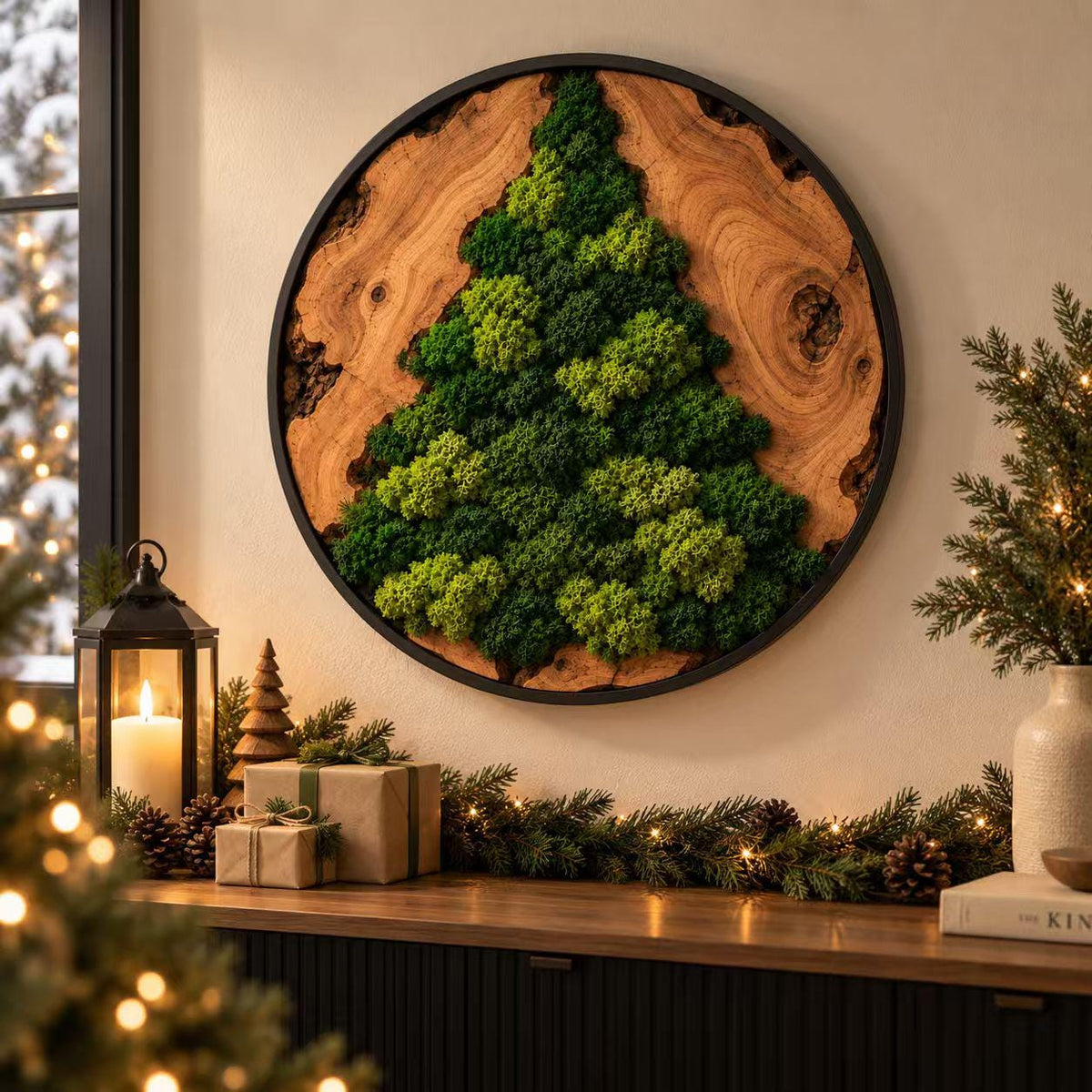 A circular wall art piece featuring a natural wood slice frame with a black metal border. The center displays a textured, three-dimensional Christmas tree shape crafted from preserved green moss in various shades of light and dark green.