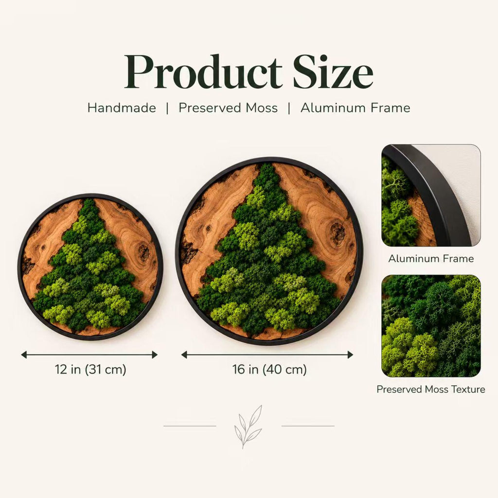 Two circular wall art pieces featuring preserved green moss arranged in a tree shape on a natural wood slice base, enclosed in a black aluminum frame. Sizes shown are 12 inches and 16 inches in diameter with frame and texture details.