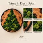 A circular wall art piece featuring a natural wood slice base with preserved green moss arranged in a tree shape, enclosed in a slim black aluminum frame. Text includes Nature in Every Detail, Real Natural Materials, and Bring Nature Home.