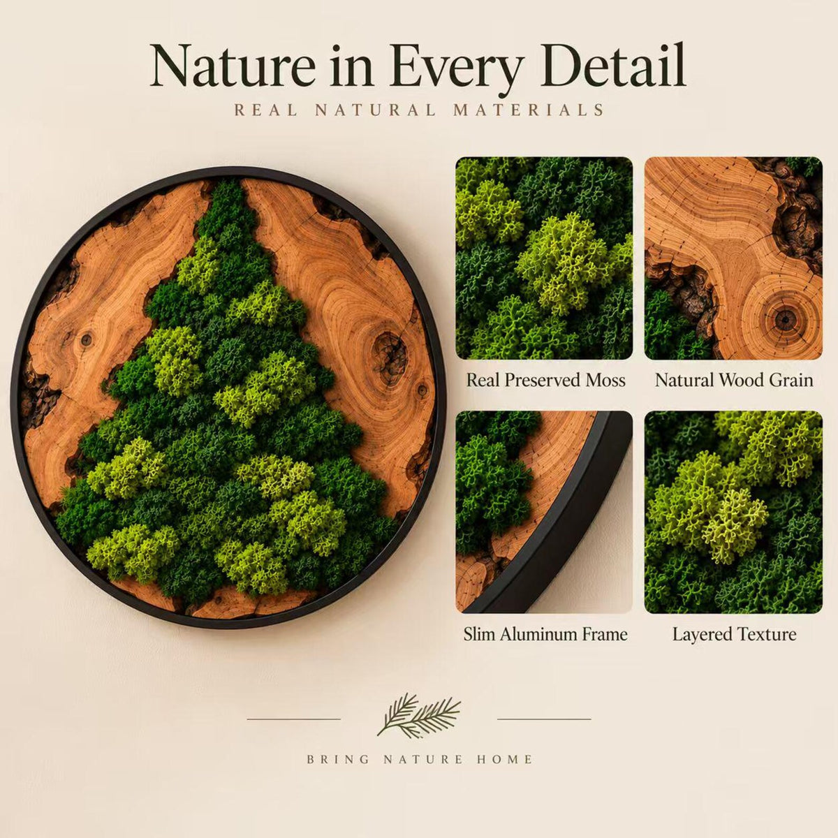 A circular wall art piece featuring a natural wood slice base with preserved green moss arranged in a tree shape, enclosed in a slim black aluminum frame. Text includes Nature in Every Detail, Real Natural Materials, and Bring Nature Home.