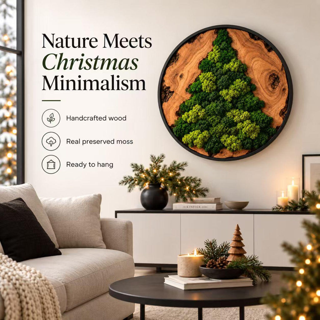 A circular wall art piece featuring a natural wood slice frame with a green preserved moss arrangement shaped like a Christmas tree. The text reads Nature Meets Christmas Minimalism, Handcrafted wood, Real preserved moss, Ready to hang.