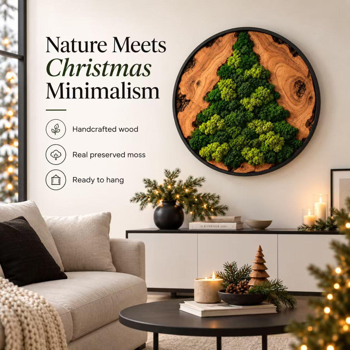 A circular wall art piece featuring a natural wood slice frame with a green preserved moss arrangement shaped like a Christmas tree. The text reads Nature Meets Christmas Minimalism, Handcrafted wood, Real preserved moss, Ready to hang.