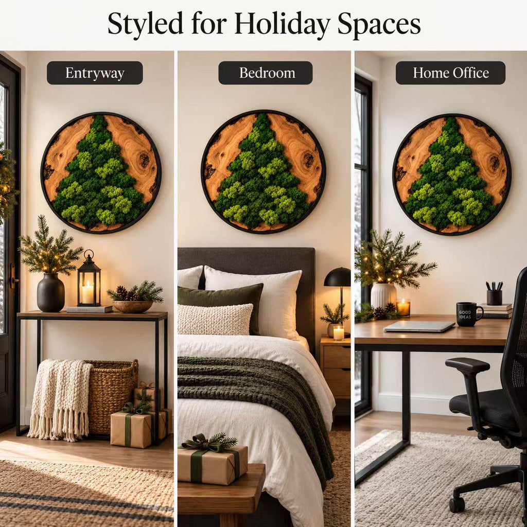 A circular wall art piece featuring a natural wood slice frame with a vibrant green moss arrangement shaped like a Christmas tree. The image displays the art in three different settings labeled Entryway, Bedroom, and Home Office.
