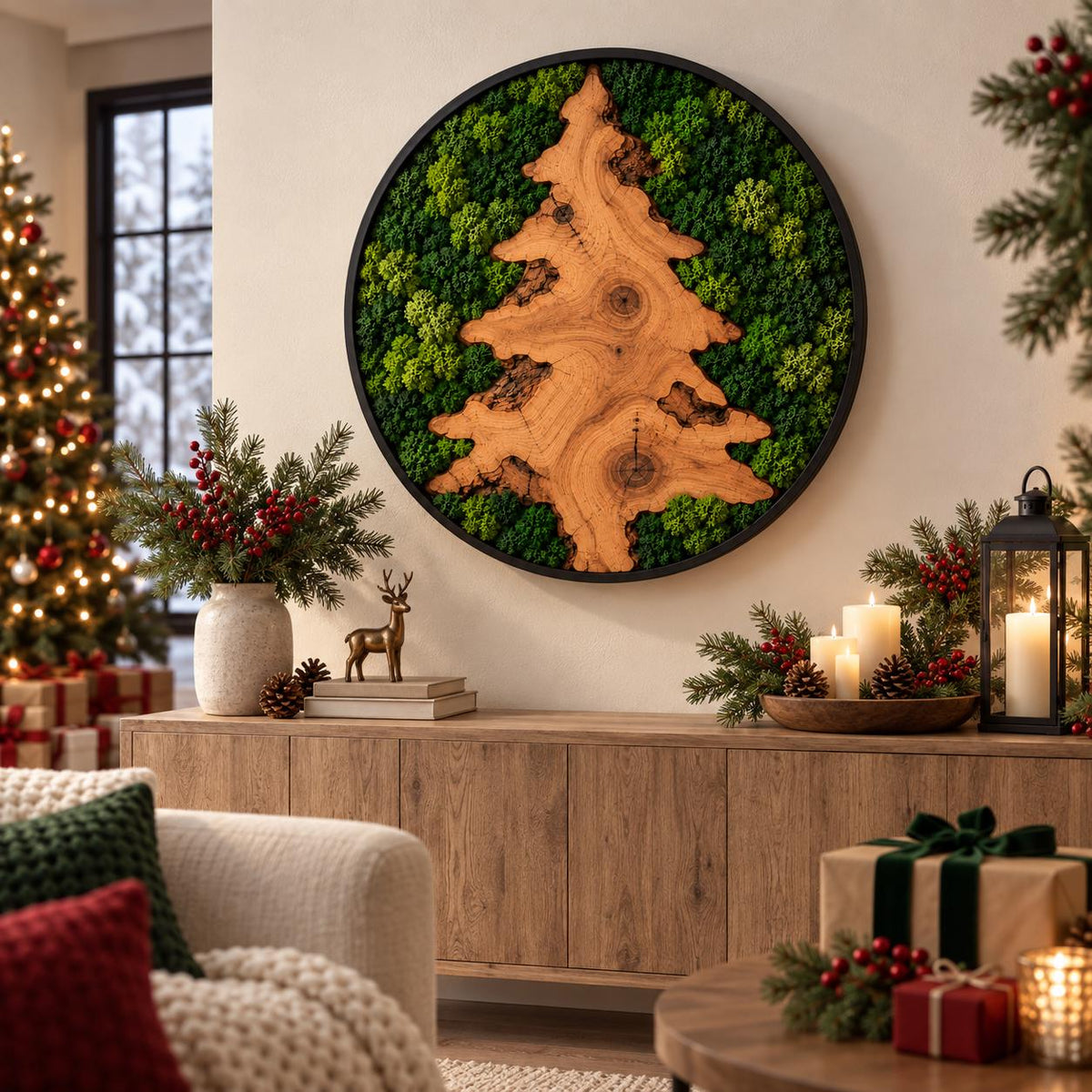 A circular wall art piece featuring a natural wood slice shaped like a pine tree, surrounded by preserved green moss within a black frame. The wood displays visible grain, knots, and textured bark edges, creating a contrast with the moss.