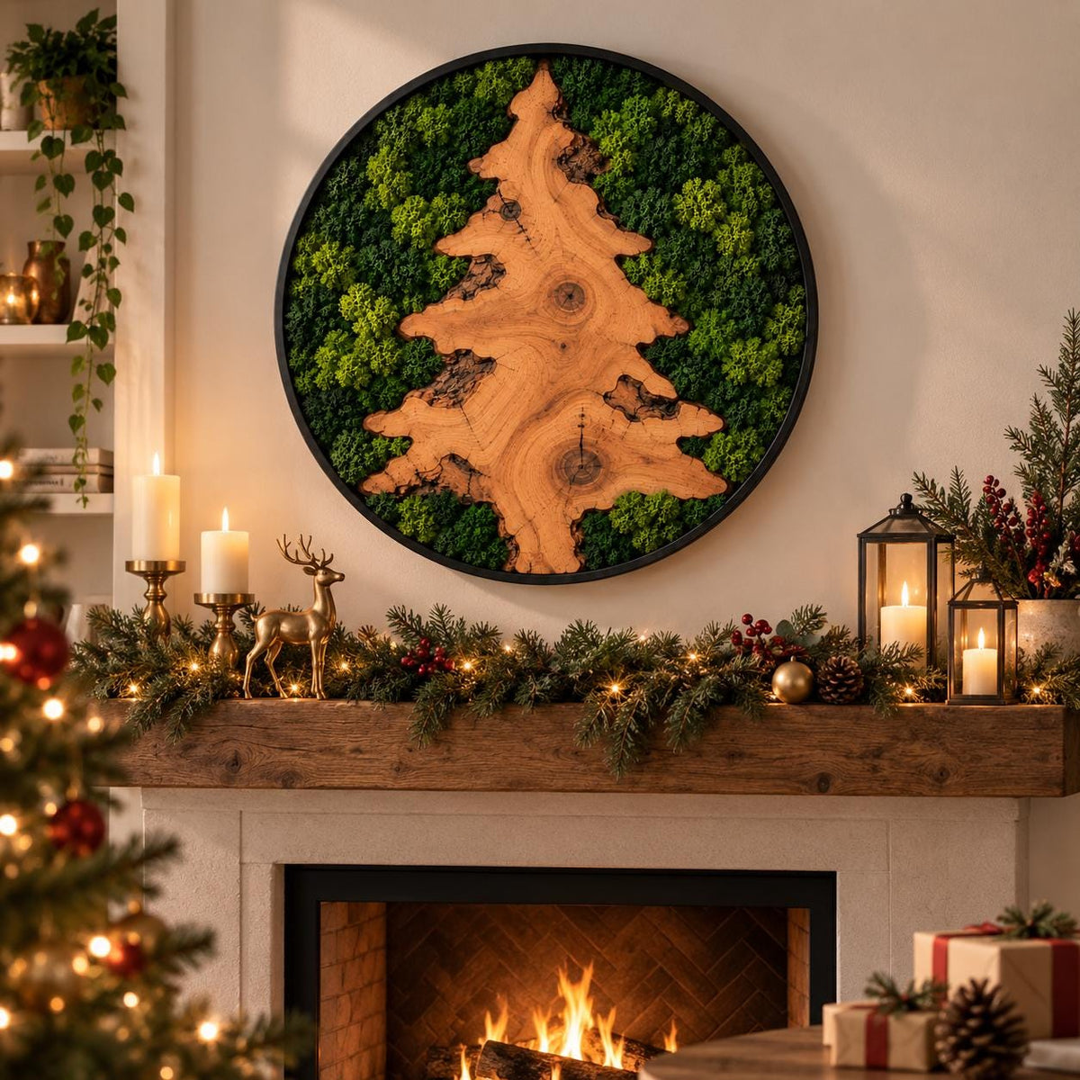 A circular wall art piece featuring a natural wood slice shaped like a pine tree, surrounded by vibrant green preserved moss within a thin black frame. The wood displays visible grain, knots, and organic edges against the moss.
