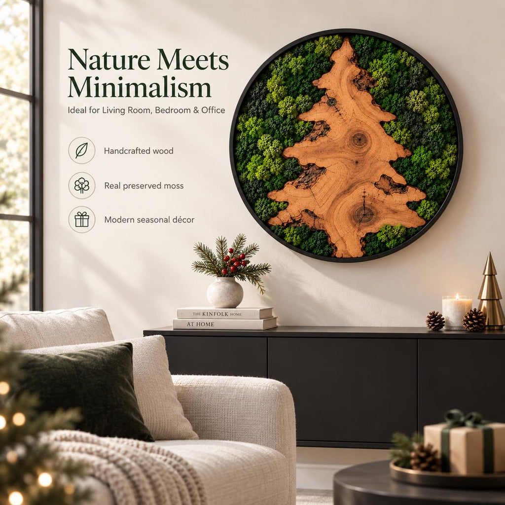 A circular wall art piece featuring a natural wood grain tree silhouette surrounded by green preserved moss in a black frame. Text on the wall reads Nature Meets Minimalism, Handcrafted wood, Real preserved moss, Modern seasonal décor.