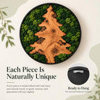A circular wall art piece featuring a light brown wood slice shaped like a pine tree, surrounded by preserved green moss within a black frame. The back of the frame includes a metal sawtooth hanger for mounting on a wall.