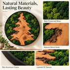 A circular wall art piece featuring a central light brown wood slice shaped like a pine tree, surrounded by vibrant green preserved moss. The artwork is encased in a slim black aluminum frame, showcasing natural wood grain and layered 3D textures. Text reads: Natural Materials, Lasting Beauty.