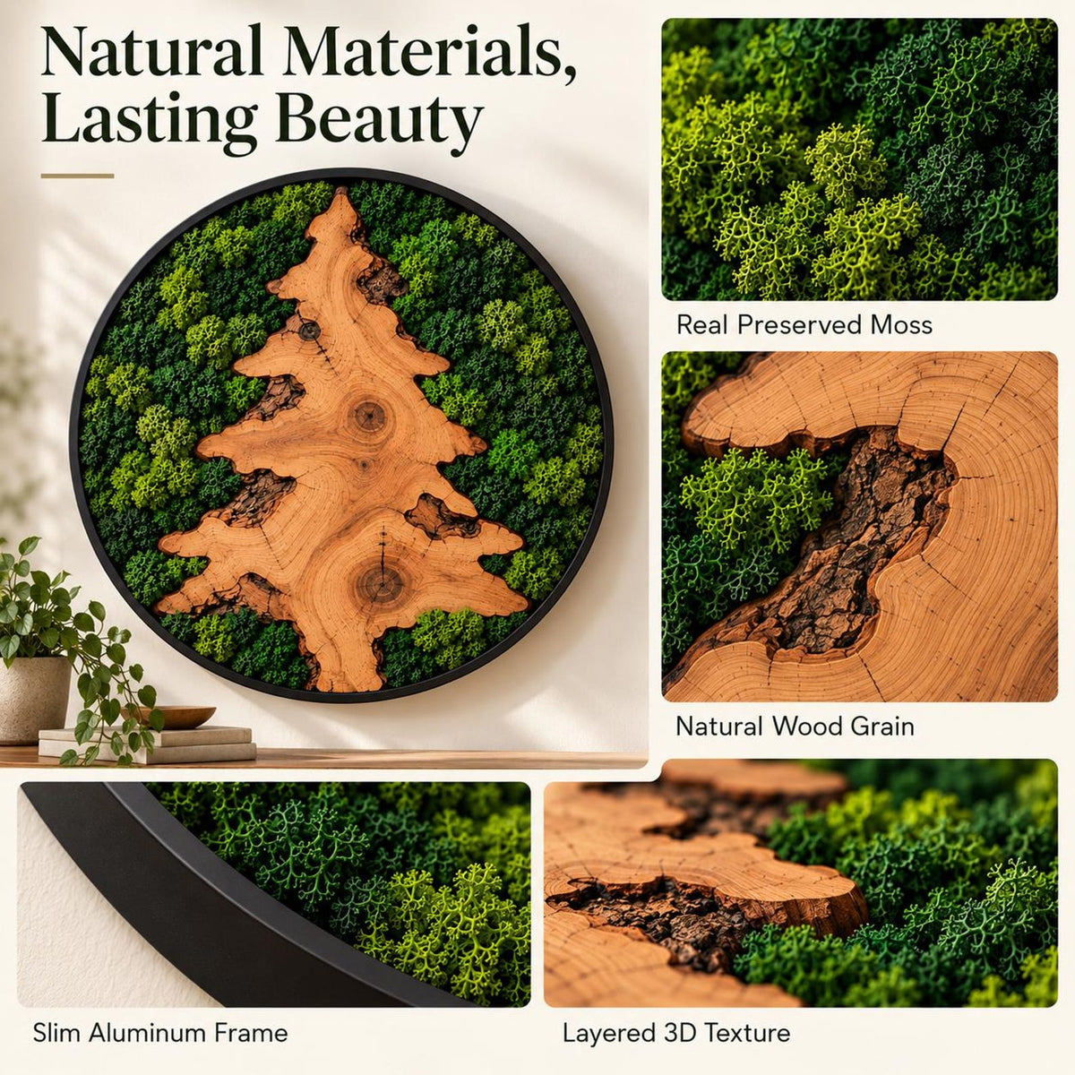 A circular wall art piece featuring a central light brown wood slice shaped like a pine tree, surrounded by vibrant green preserved moss. The artwork is encased in a slim black aluminum frame, showcasing natural wood grain and layered 3D textures. Text reads: Natural Materials, Lasting Beauty.