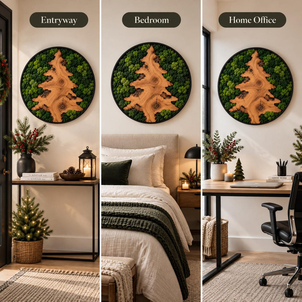 A circular wall art piece featuring a natural wood slice shaped like a pine tree, surrounded by preserved green moss within a black frame. The image displays three separate interior settings labeled Entryway, Bedroom, and Home Office.