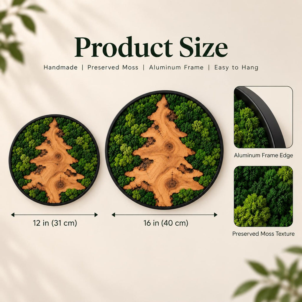 Two circular wall art pieces featuring a central light brown wood grain tree shape surrounded by green preserved moss in a black aluminum frame. Sizes are 12 inches and 16 inches in diameter. Includes close-ups of the frame and moss.
