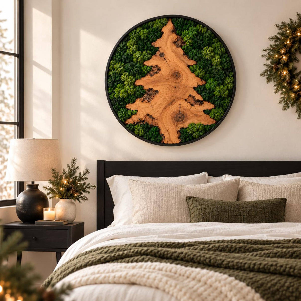 A circular wall art piece featuring a natural wood slice shaped like a pine tree, surrounded by preserved green moss within a black frame. The wood grain is visible, showcasing organic textures and knots against the vibrant moss.