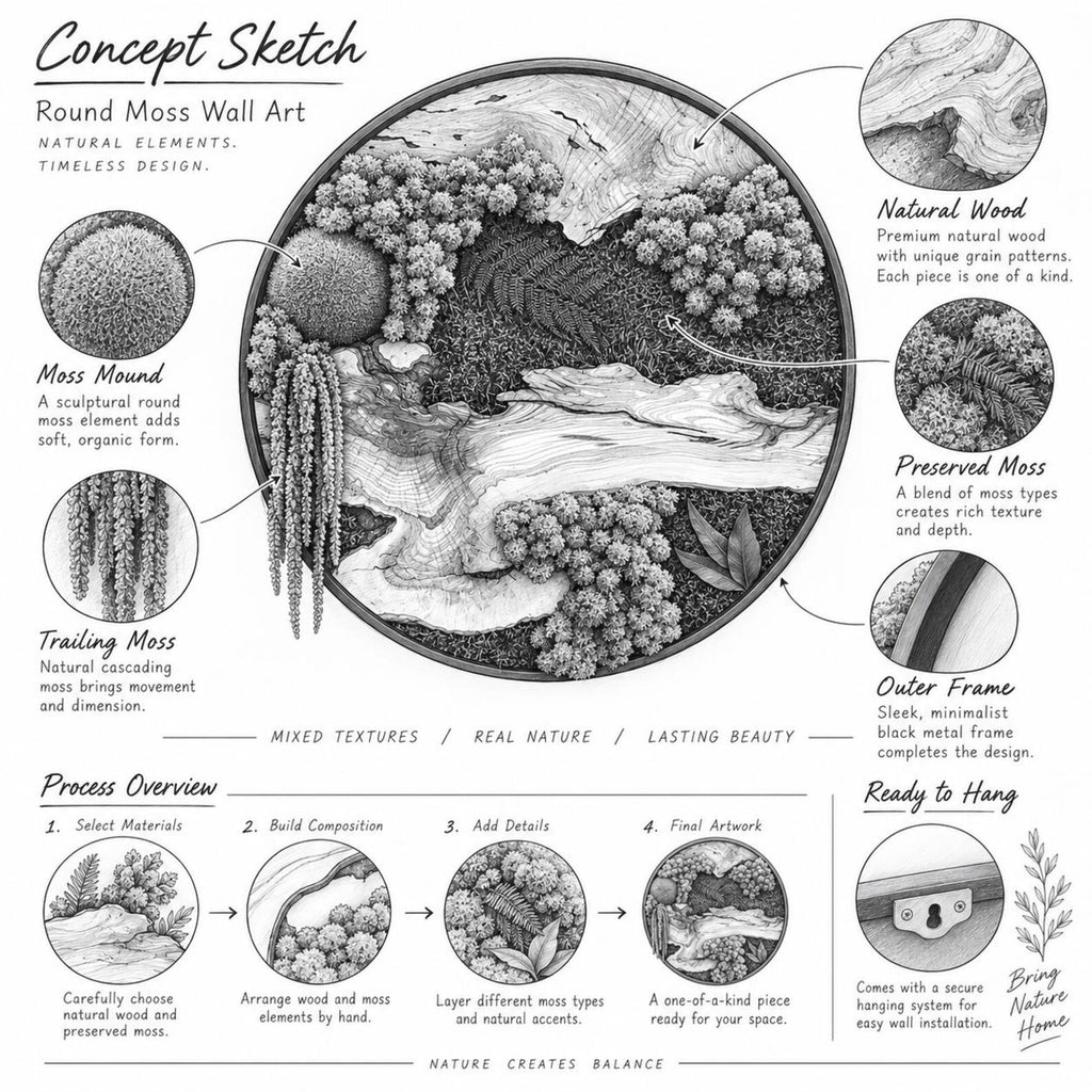 A black and white concept sketch of round moss wall art featuring natural wood, preserved moss, and a black metal frame. The illustration includes detailed callouts for moss mounds, trailing moss, and a process overview for assembly.