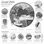 A black and white concept sketch of round moss wall art featuring natural wood, preserved moss, and a black metal frame. The illustration includes detailed callouts for moss mounds, trailing moss, and a process overview for assembly.
