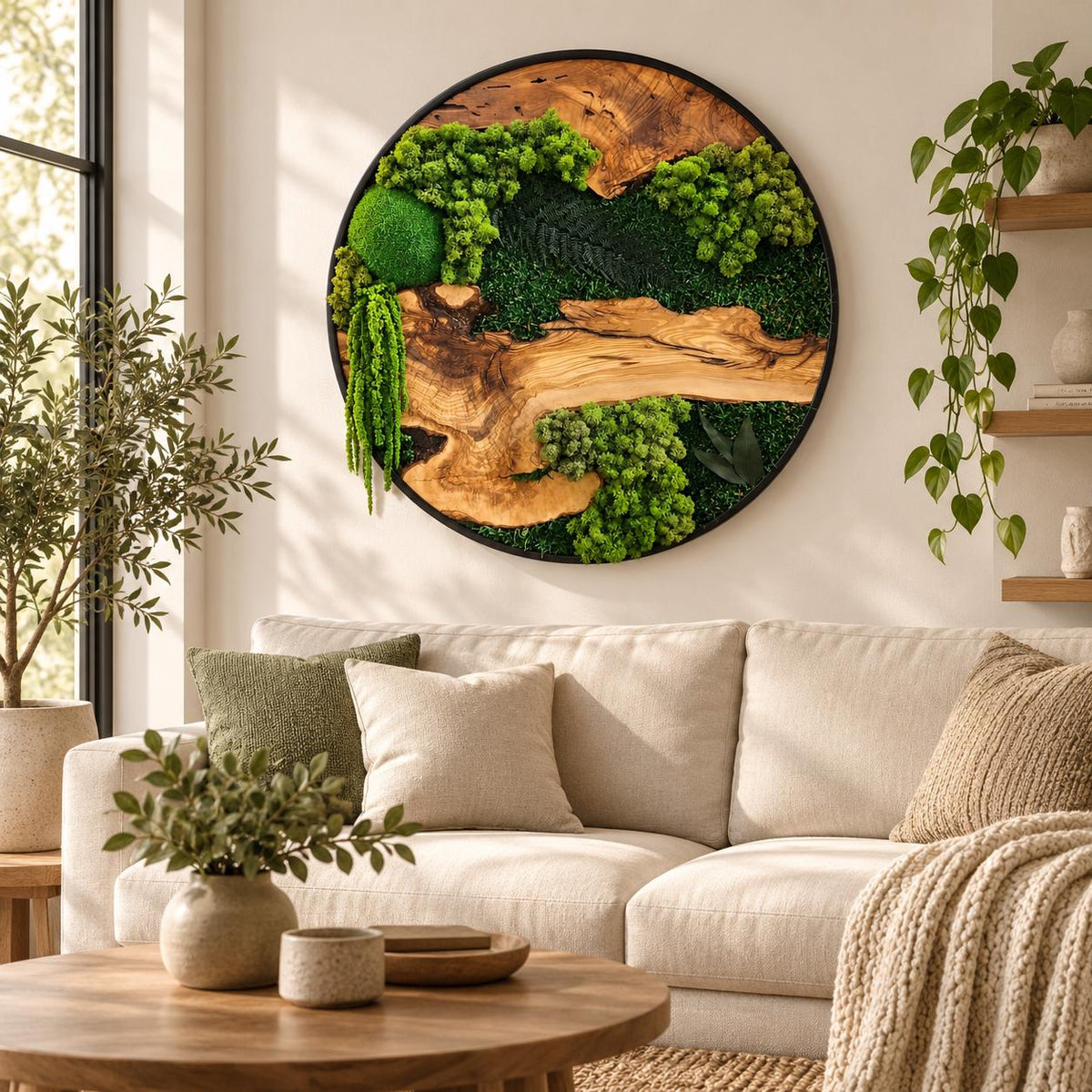 A circular wall art piece featuring a black frame, natural wood grain, and preserved green moss in various textures and shades. The arrangement includes dense clusters of bright green moss and trailing foliage set against dark wood.