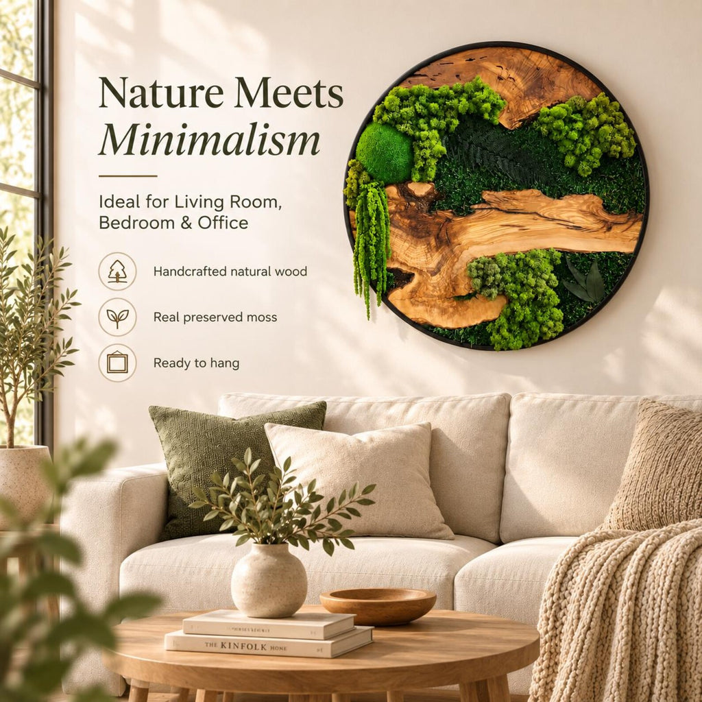 A circular wall art piece featuring natural wood grain and preserved green moss in various textures. The text reads Nature Meets Minimalism, Ideal for Living Room, Bedroom & Office, Handcrafted natural wood, Real preserved moss, Ready to hang.