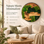 A circular wall art piece featuring natural wood grain and preserved green moss in various textures. The text reads Nature Meets Minimalism, Ideal for Living Room, Bedroom & Office, Handcrafted natural wood, Real preserved moss, Ready to hang.